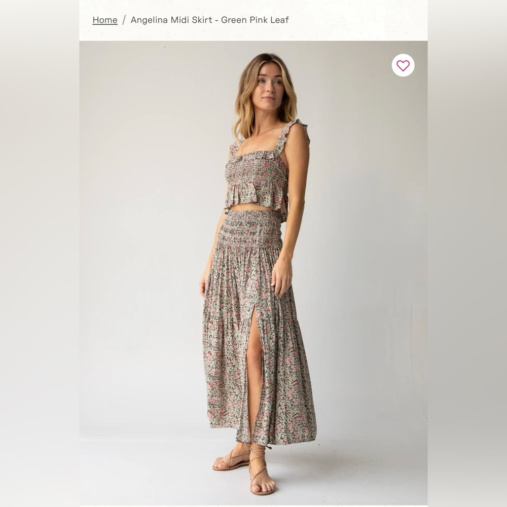 NATURAL LIFE Green Pink Leaf Midi Skirt